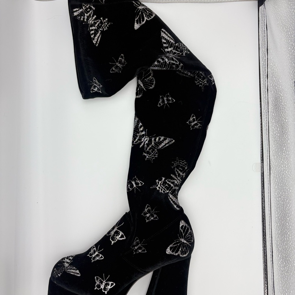Black Velvet Butterfly Print Boots